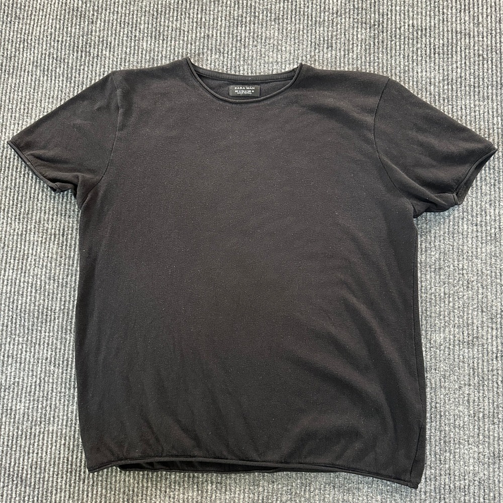 Zara Man T Shirt Mens Medium M Black Short Sleeve Raw Rolled Hem Crew Neck Tee